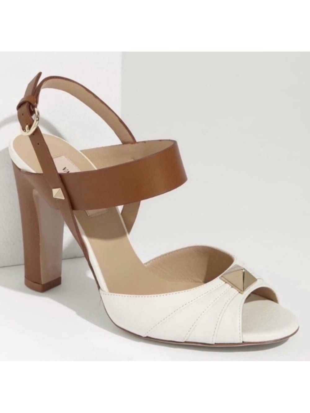 Valentino Garavani Macrostud Rockstud High Heel Sandals Tan White Open Toe 41
